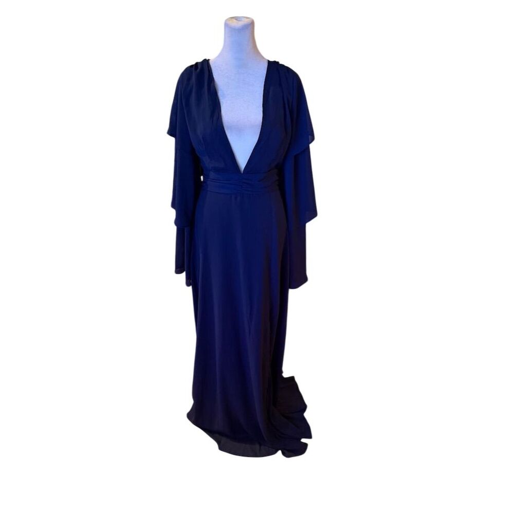 Boohoo Tall Women's Maxi Dress Size 4 Navy Blue Tiered Sleeve Formal